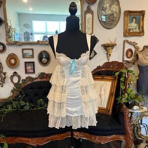 Vintage Y2K Rene rofe lingerie Cream and blue lace babydoll dress ruffles 34B